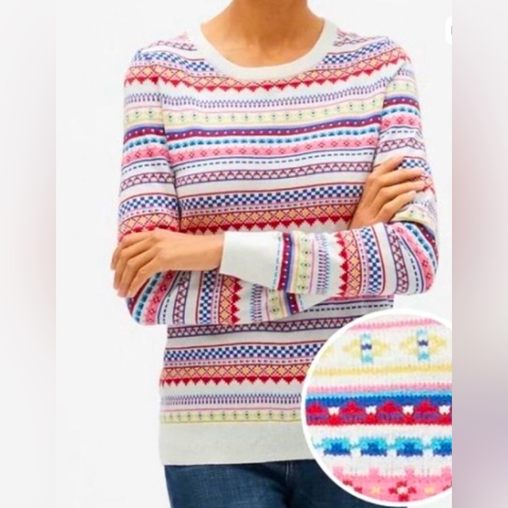 NWOT GAP Sweater Crew Neck FAIR ISLE  Knit Y2K Colorful White Cottonblend MEDIUM